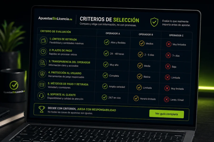 Criterios de evaluación de casas de apuestas comparados en pantalla