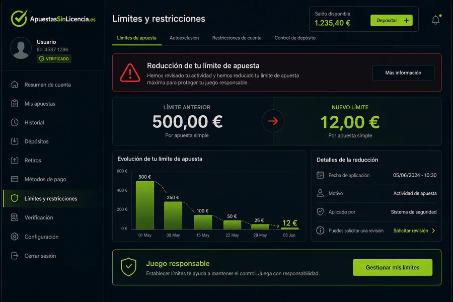 Pantalla de cuenta con el límite de apuesta reducido de 500 € a 12 €