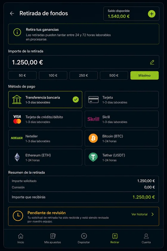 Pantalla de retirada de fondos con métodos de pago y estado pendiente